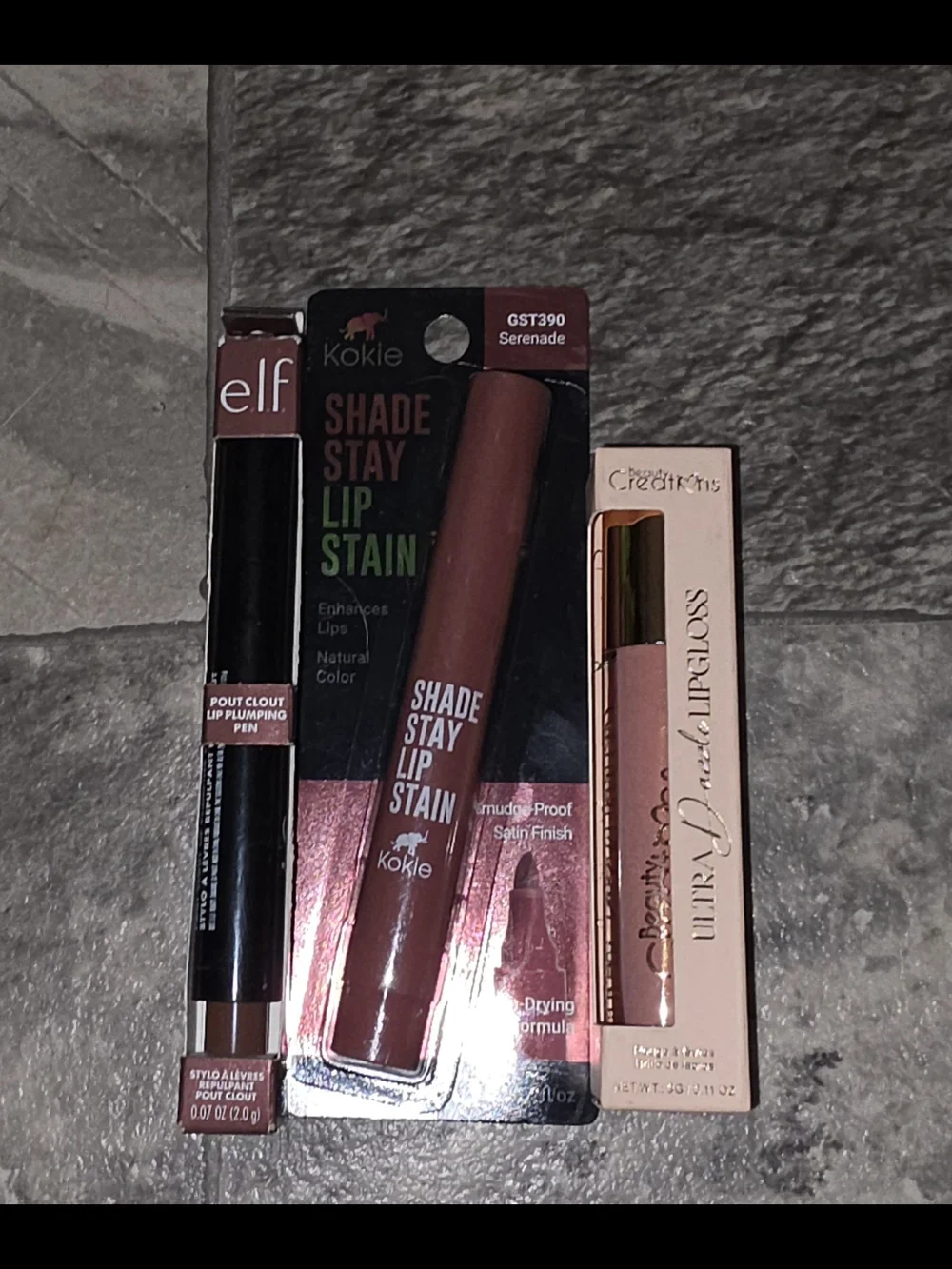ELF Pout Clout Lip Plumping Pen, Beauty Creations Lip Gloss, Kokie Lip Stain